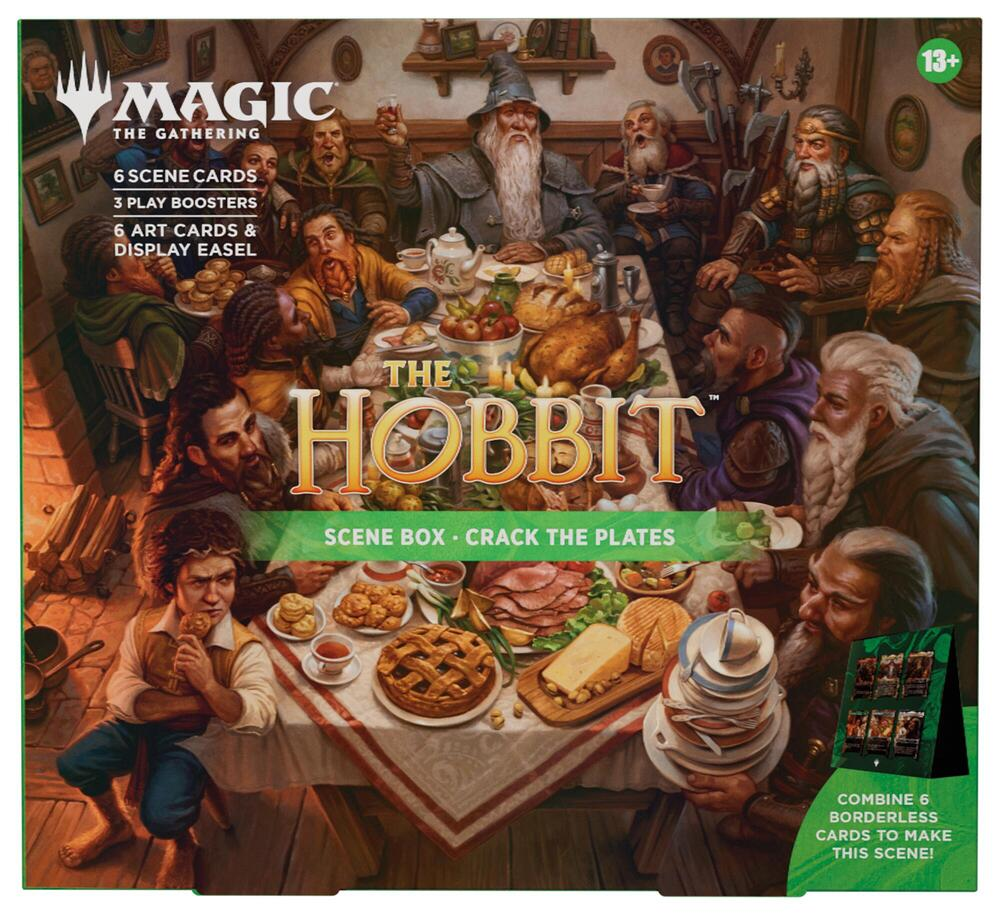 Magic The Gathering The Hobbit Crack the Plates Scene Box with three Play Boosters and six borderless foil scene cards forming a panorama.