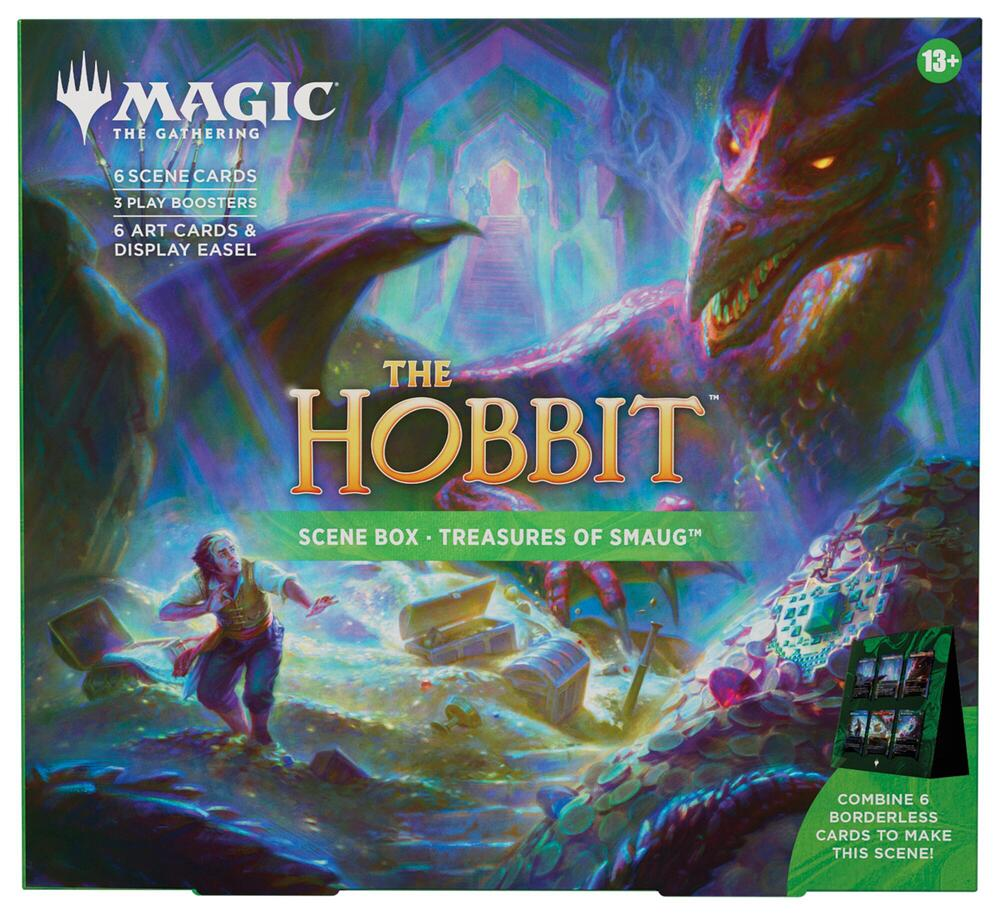 Magic The Gathering The Hobbit Treasures of Smaug Scene Box with three Play Boosters and six borderless foil dragon hoard scene cards.