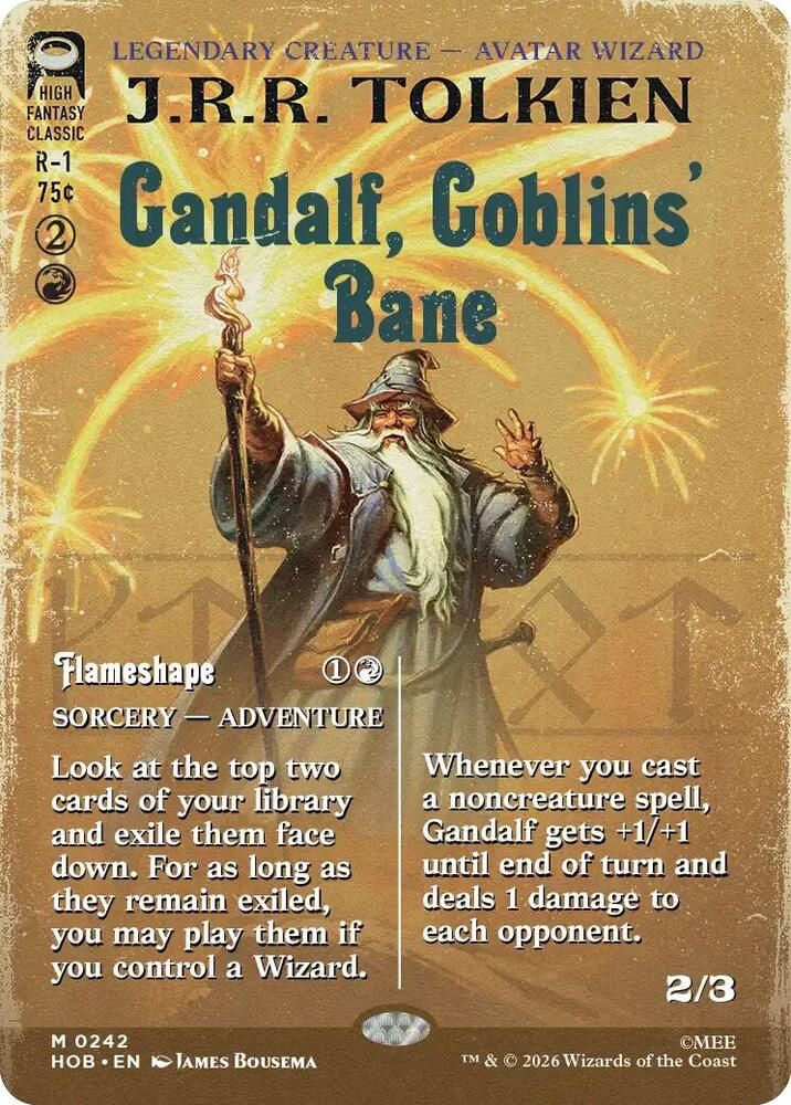 Magic The Gathering The Hobbit Gandalf Goblin's Bane borderless book cover card styled after a classic Tolkien book jacket. 