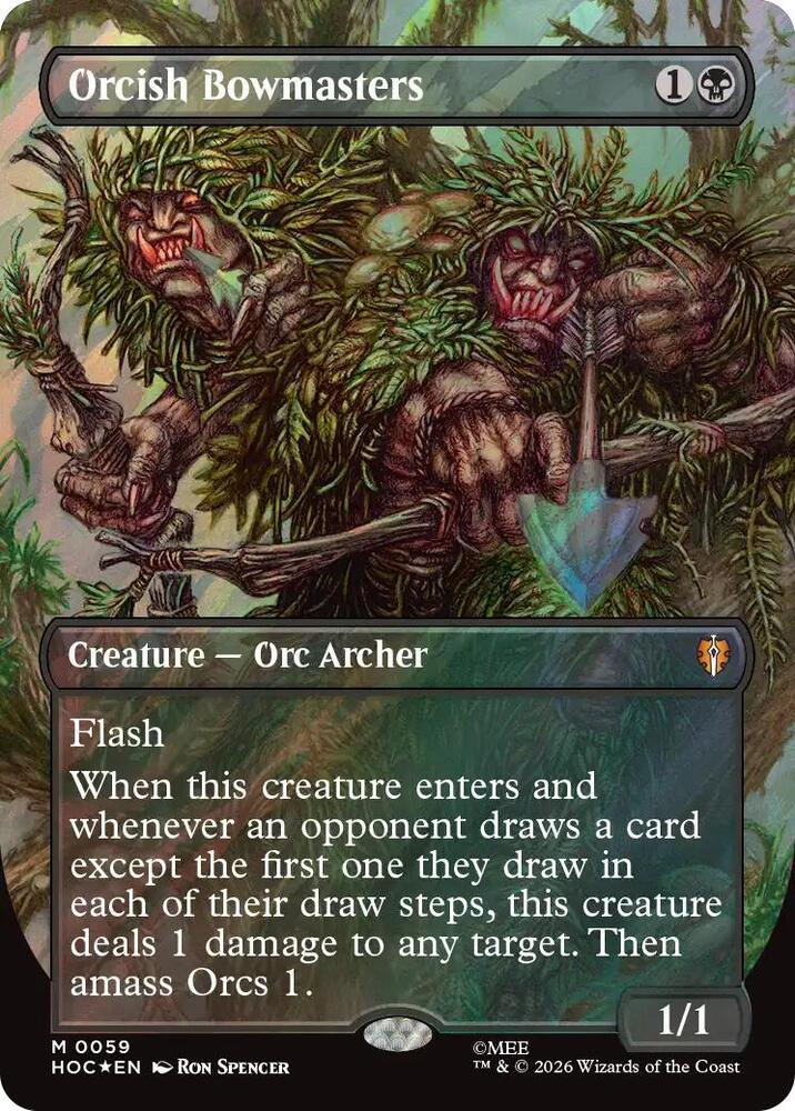 Magic The Gathering The Hobbit Eternal Orcish Bowmasters borderless surge foil box topper reprint for Modern Legacy and Commander. 