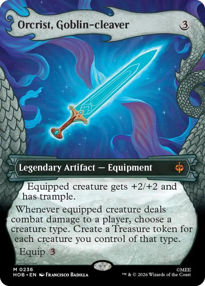 Magic: The Gathering card Orcrist, Goblin-cleaver from The Hobbit set, featuring the Showcase Dragon Horde border treatment.