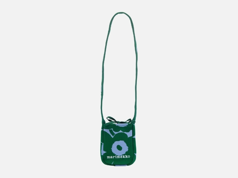 Marimekko Unikko poppy print knitted shoulder bag with phone pocket in dark green and blue