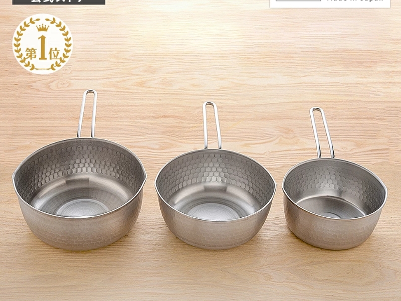 Earnest Tsubame-Sanjo all-stainless-steel yukihira saucepan set in 15cm 18cm and 20cm with seamless one-piece handle, lightweight Japanese-made milk pan