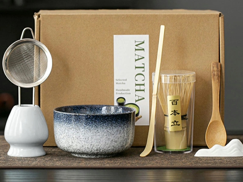 Japanese tea ceremony 7-piece beginner tool set with matcha bowl, whisk, scoop and accessories