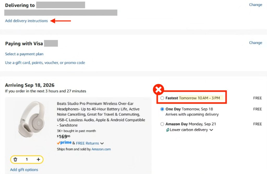 Amazon checkout screen with "Add delivery instructions" link and the "Fastest" specific-time delivery option boxed in red as the one to avoid.