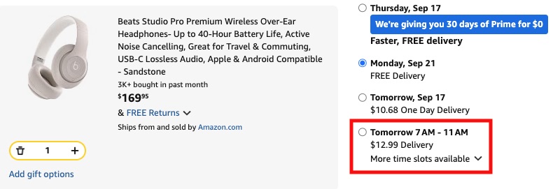 Amazon checkout delivery options with the paid specific time-slot delivery option highlighted in red, to avoid selecting