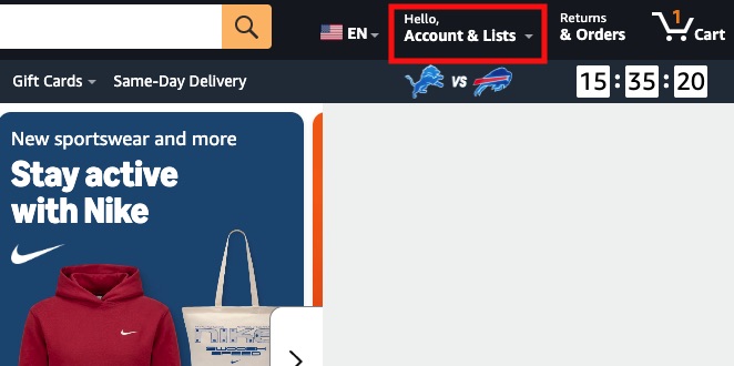 Amazon website header with the Account & Lists menu highlighted in red