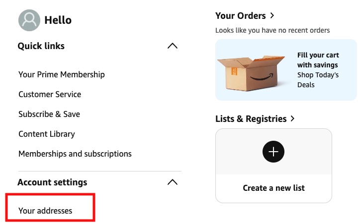 Amazon account menu with Your addresses link highlighted in red under Account settings