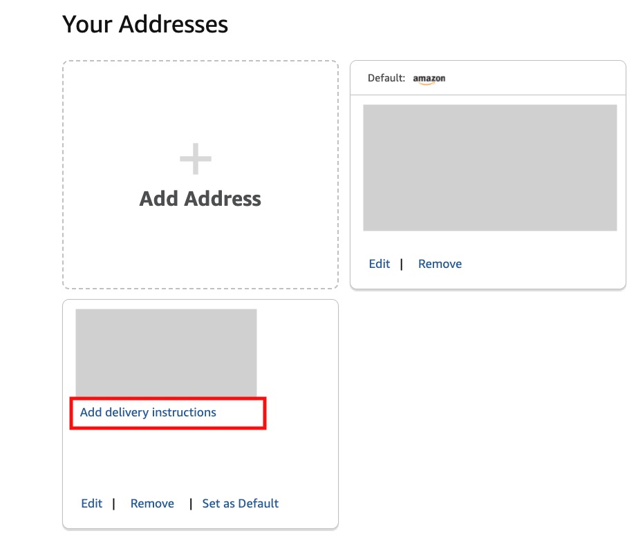 Amazon Your Addresses page with the Add delivery instructions link highlighted in red