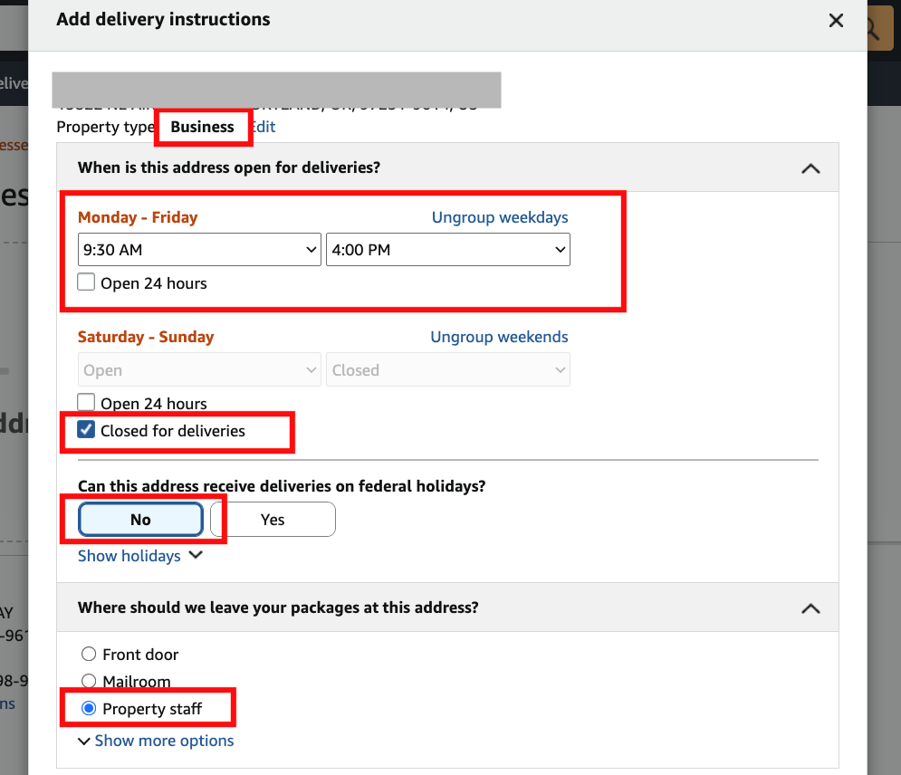 Add delivery instructions panel with property type, delivery hours, holiday delivery and package drop-off options highlighted in red
