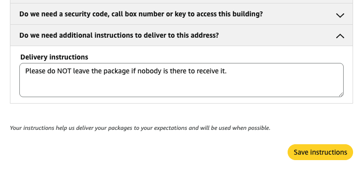 Delivery instructions text box with the do-not-leave-package instruction entered, and the Save instructions button