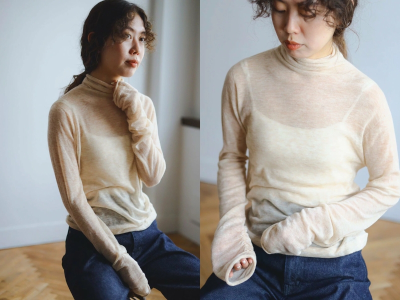 B:MING by BEAMS SIMPLE YET wool turtleneck sweater in oatmeal, made in Japan