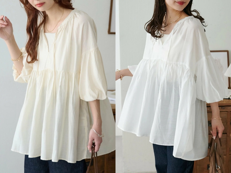 Discoat web-exclusive 2-way puff-sleeve peplum gathered blouse