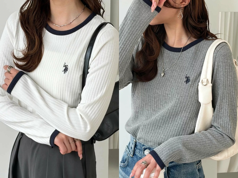 GeeRA x U.S. POLO ASSN. contrast-trim ribbed long-sleeve top in off-white
