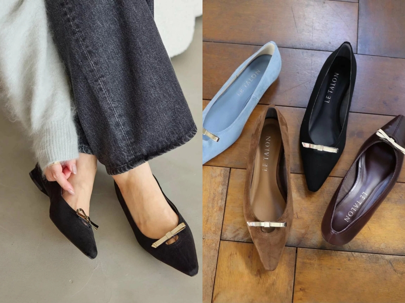 LE TALON French square-toe flat shoes with asymmetric metal ribbon in black, made in Japan