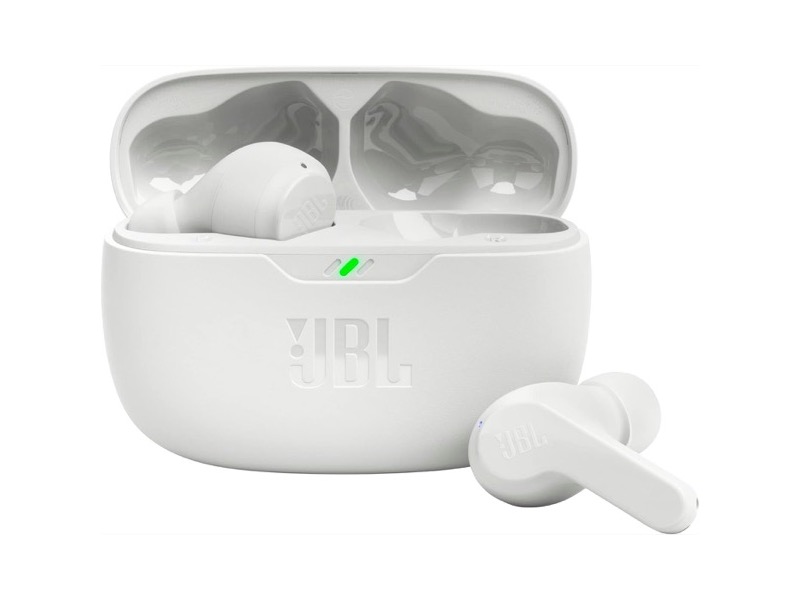 JBL Vibe Beam true wireless earbuds in white with charging case