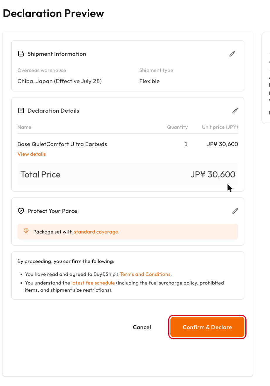 Declaration Preview page with the Confirm & Declare button highlighted
