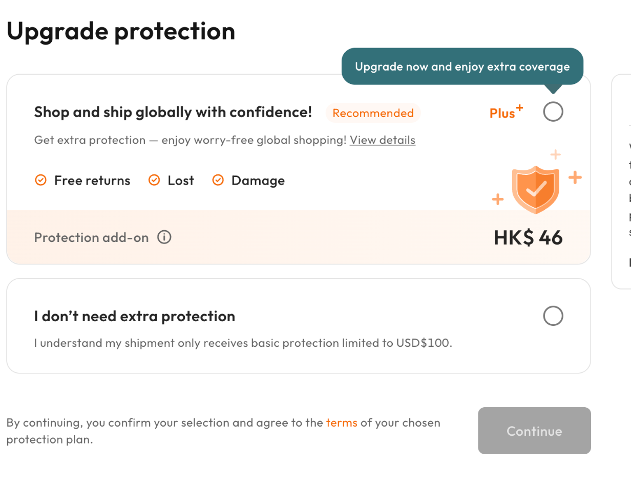 Upgrade protection page: Buy&Ship Plus or no extra protection