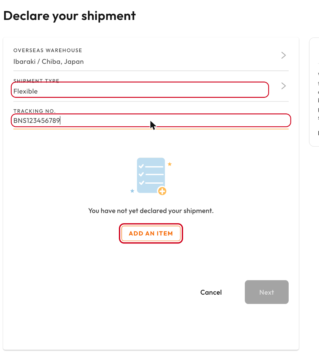 Declare your shipment form with the tracking number filled in and the Add an item button highlighted