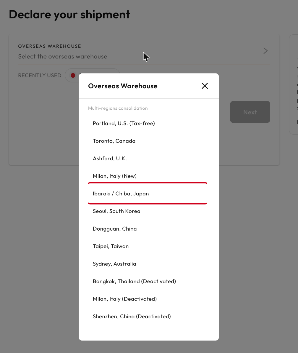 Overseas warehouse list with Ibaraki / Chiba, Japan highlighted