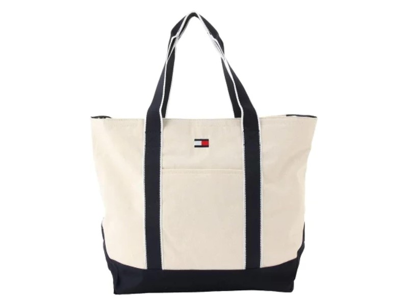 Tommy Hilfiger online limited canvas tote bag with navy handles and flag logo