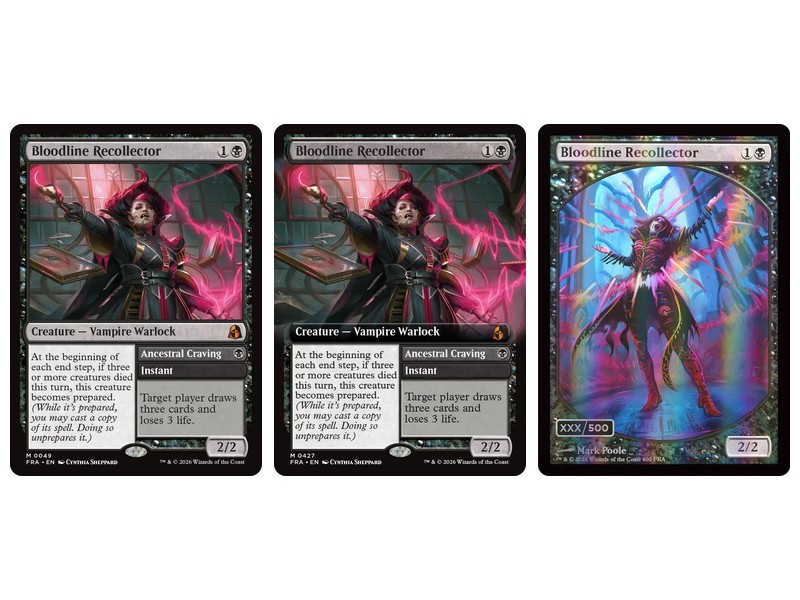 Magic: The Gathering Reality Fracture Bloodline Recollector cards: regular #49, Extended Art #427 and serial-numbered headliner #402